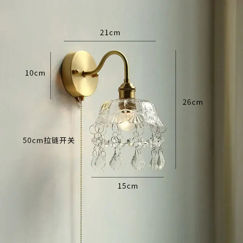 Vintage brass floral glass led wall sconce bathroom light pull chain