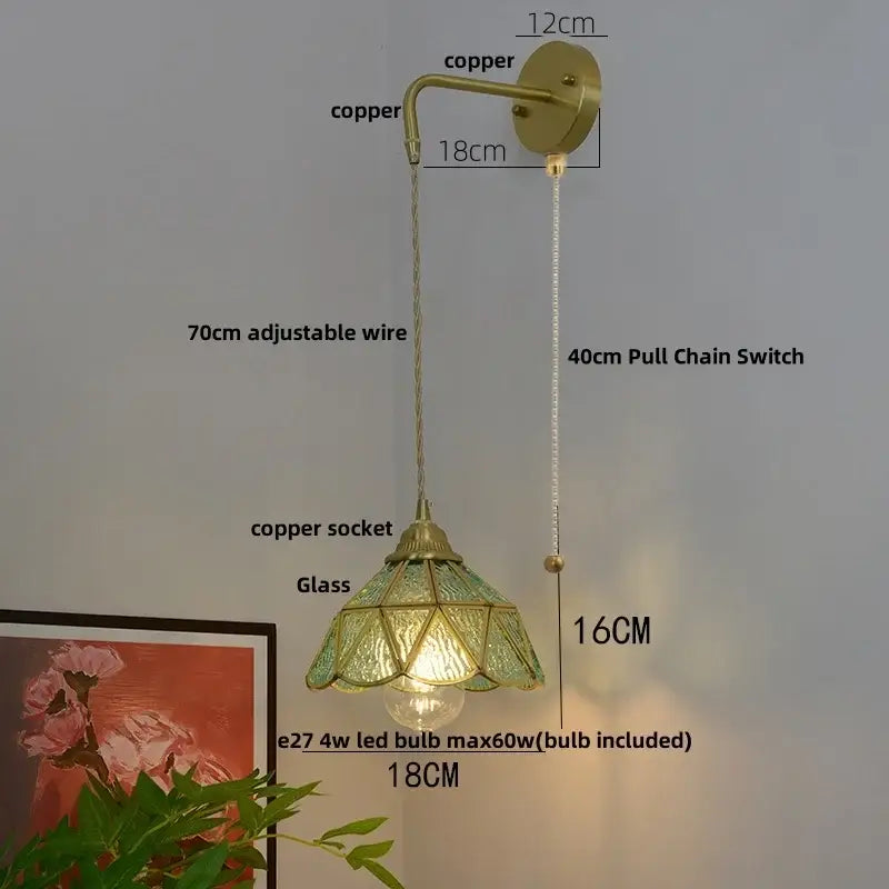 Vintage brass glass led wall sconce bedroom light with pull chain