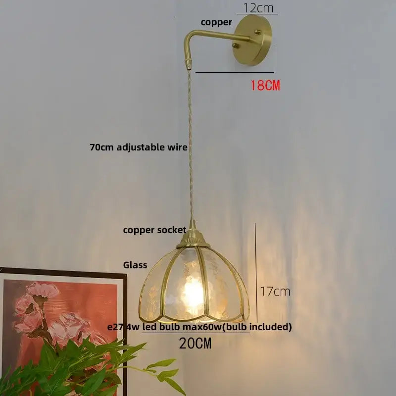 Vintage brass glass led wall sconce bedroom light with pull chain