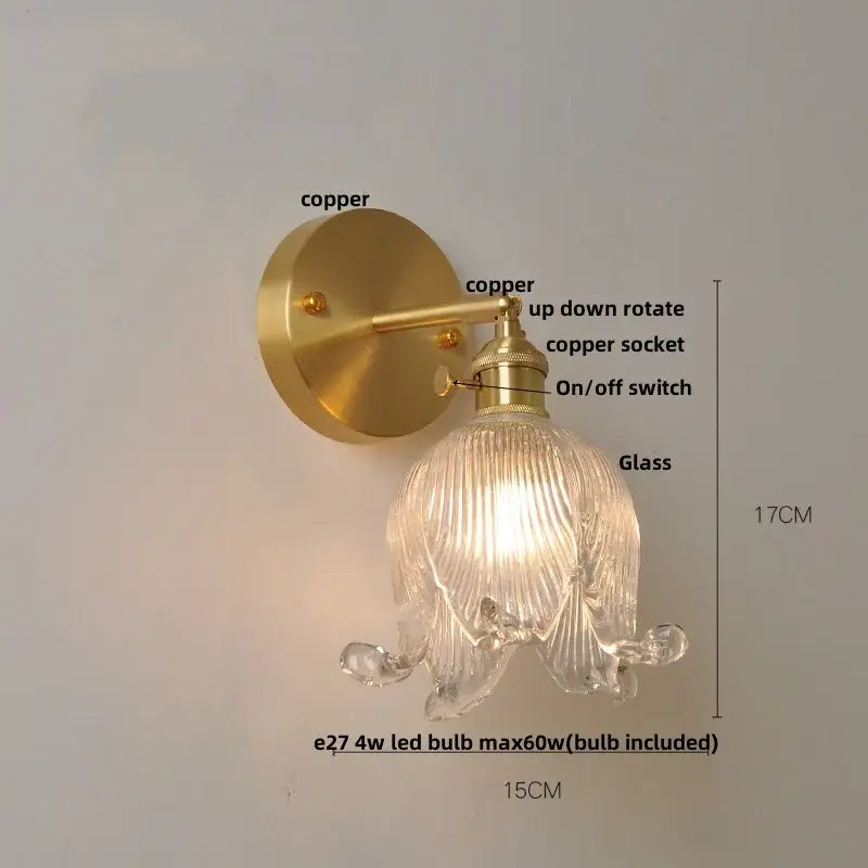 Vintage brass loft amber glass wall light bedroom flower sconce