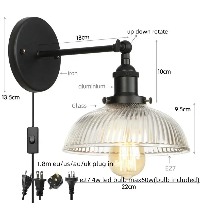 Vintage brass ribbed glass wall sconce bedroom light with pull chain