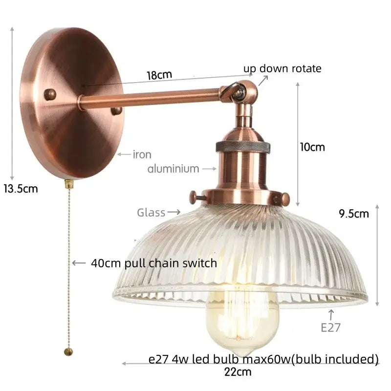 Vintage brass ribbed glass wall sconce bedroom light with pull chain