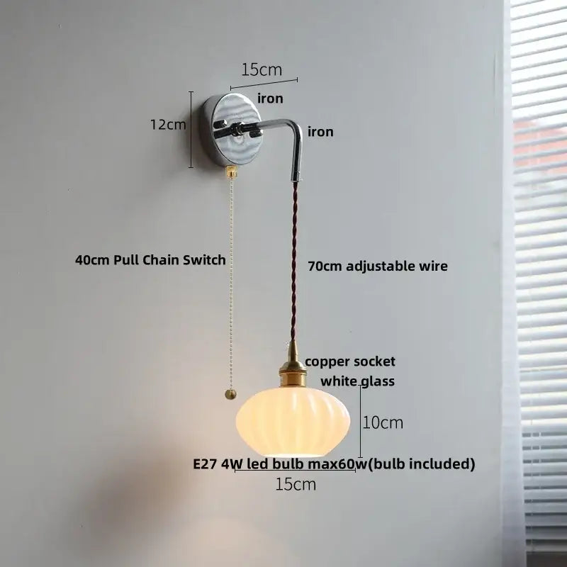 Vintage ceramic led wall sconce with ribbed glass for bedroom