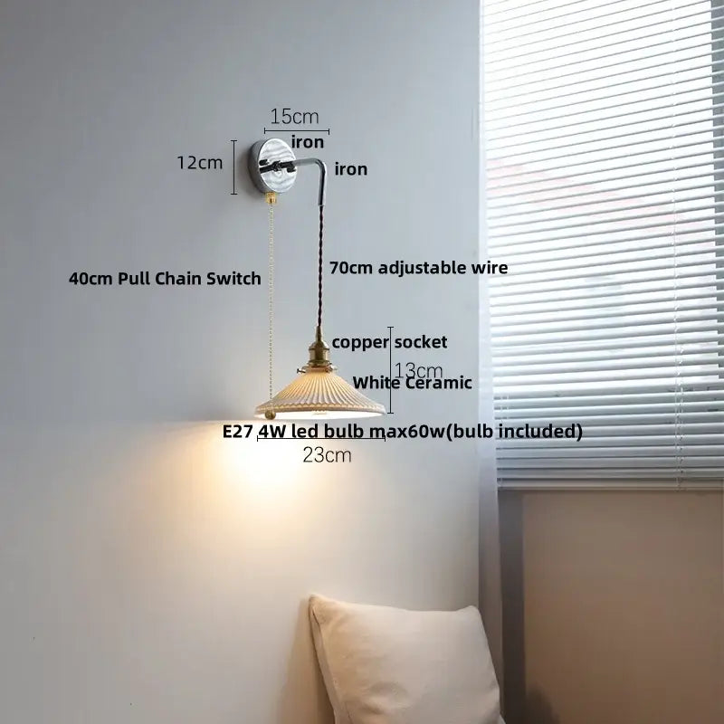Vintage ceramic led wall sconce with ribbed glass for bedroom
