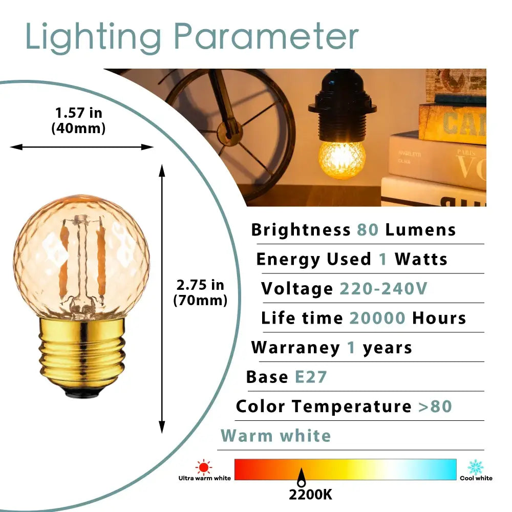 Vintage clear & amber g40 globe led filament bulb bedroom light
