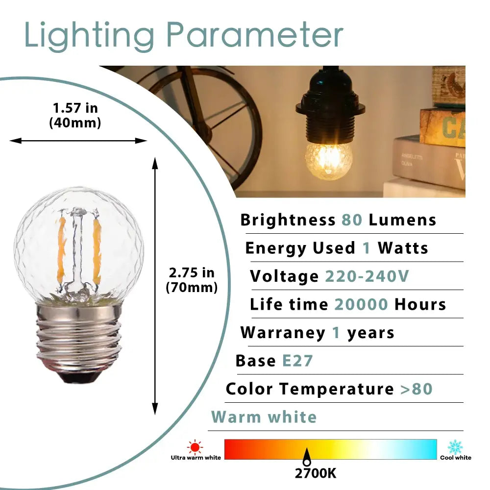 Vintage clear & amber g40 globe led filament bulb bedroom light