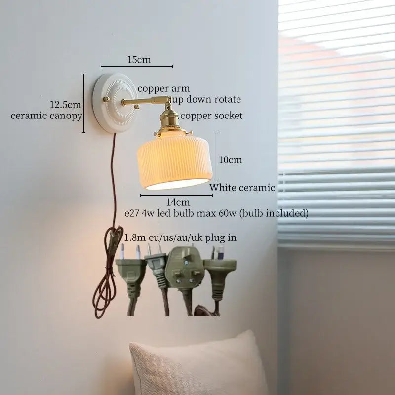Vintage cream ribbed glass ceramic led wall lamp bedroom light