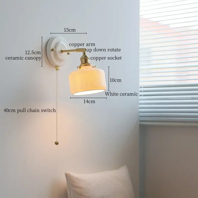 Vintage cream ribbed glass ceramic led wall lamp bedroom light
