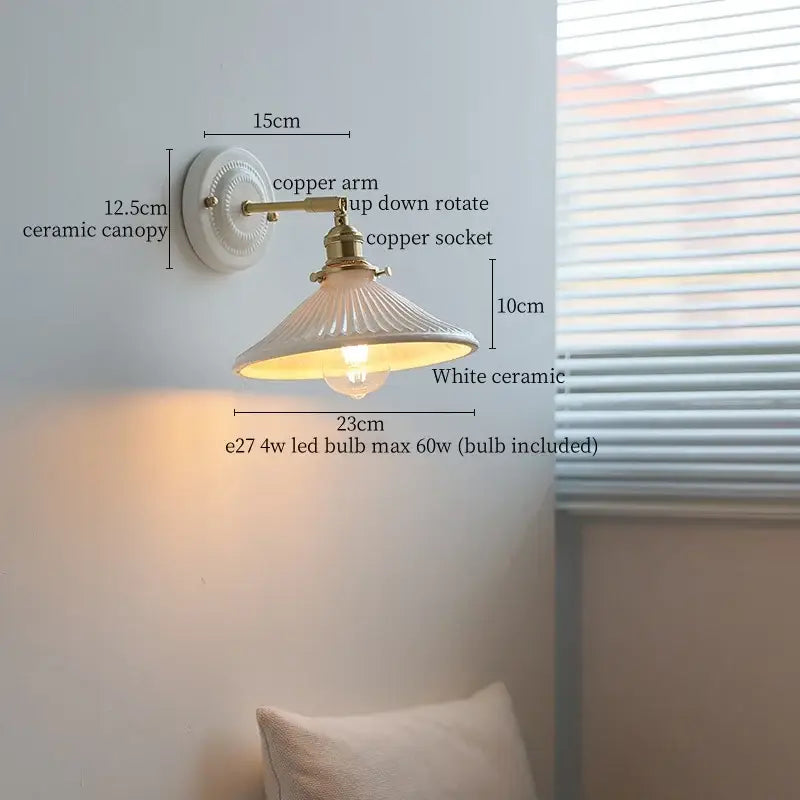 Vintage cream ribbed glass ceramic led wall lamp bedroom light