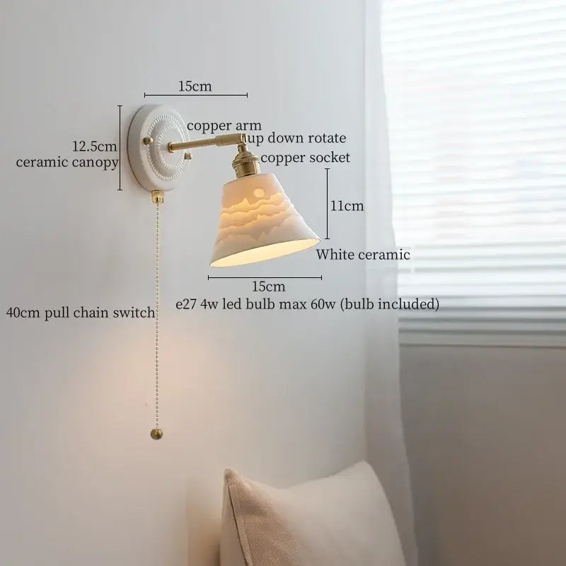 Vintage cream ribbed glass ceramic led wall lamp bedroom light