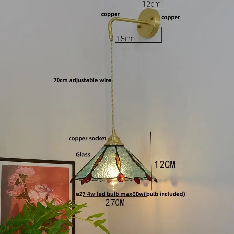 Vintage glass brass led wall sconce with pull chain for bedroom