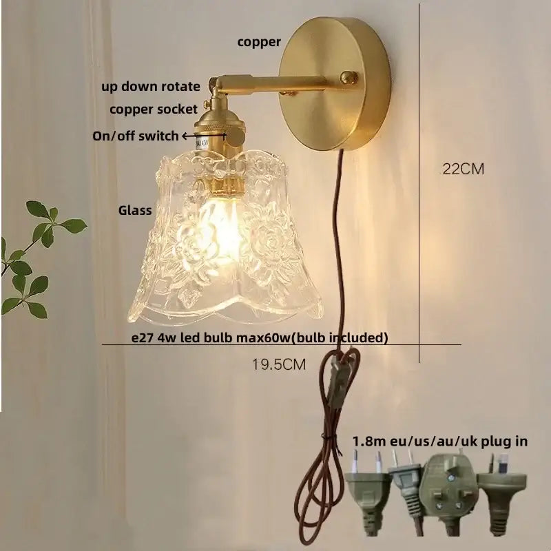 Vintage green glass led wall lights bedroom sconce with pull chain