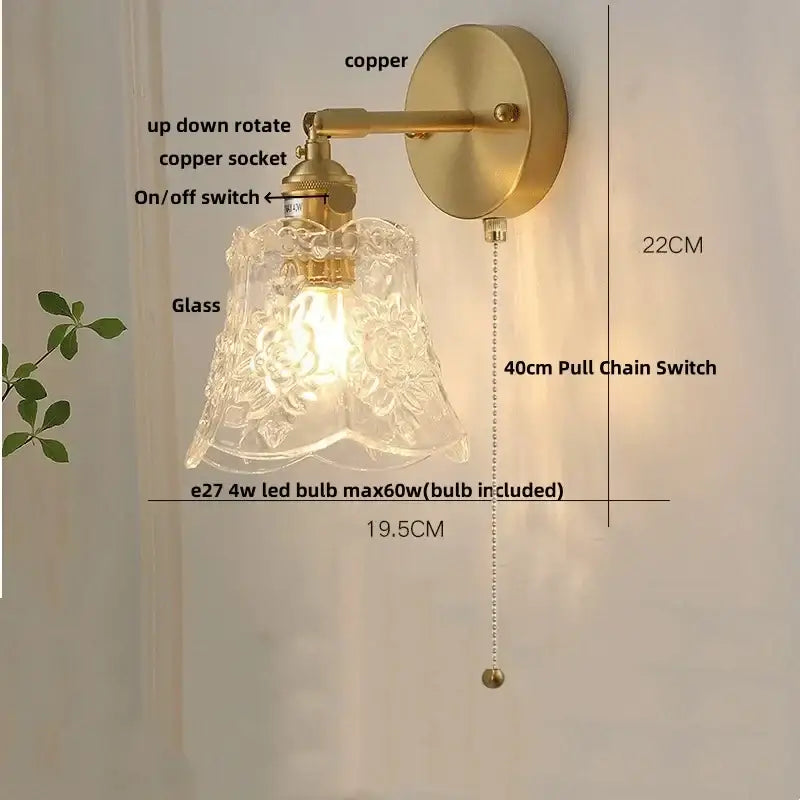 Vintage green glass led wall lights bedroom sconce with pull chain