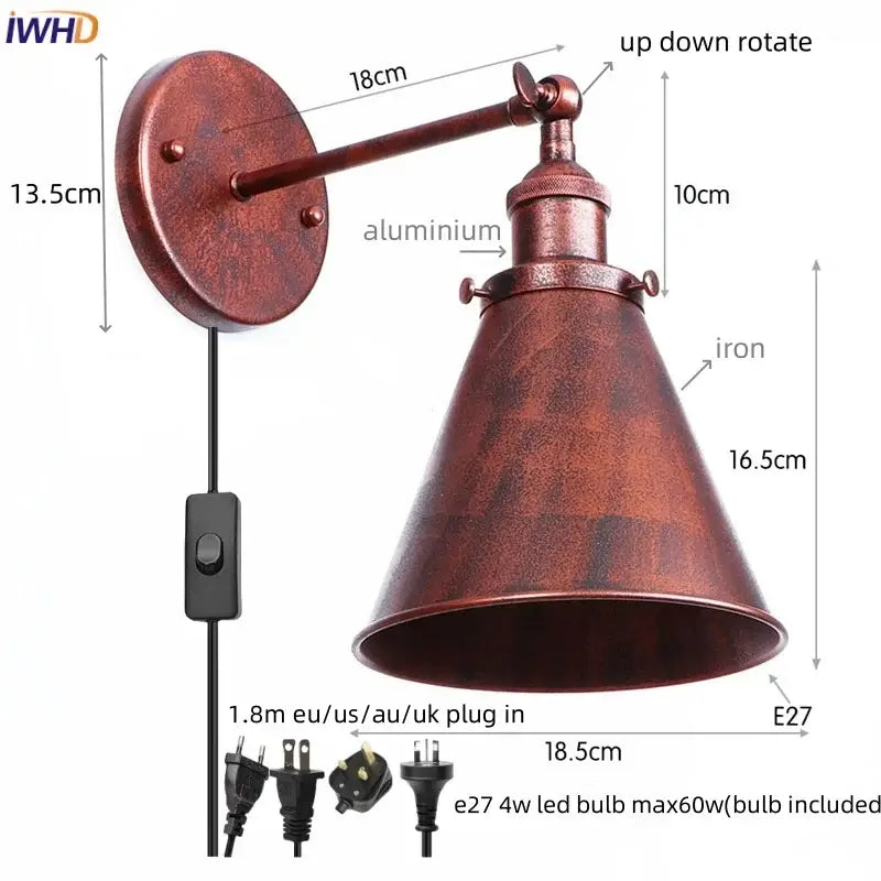 Vintage industrial brass iron led wall lamp bedroom reading light