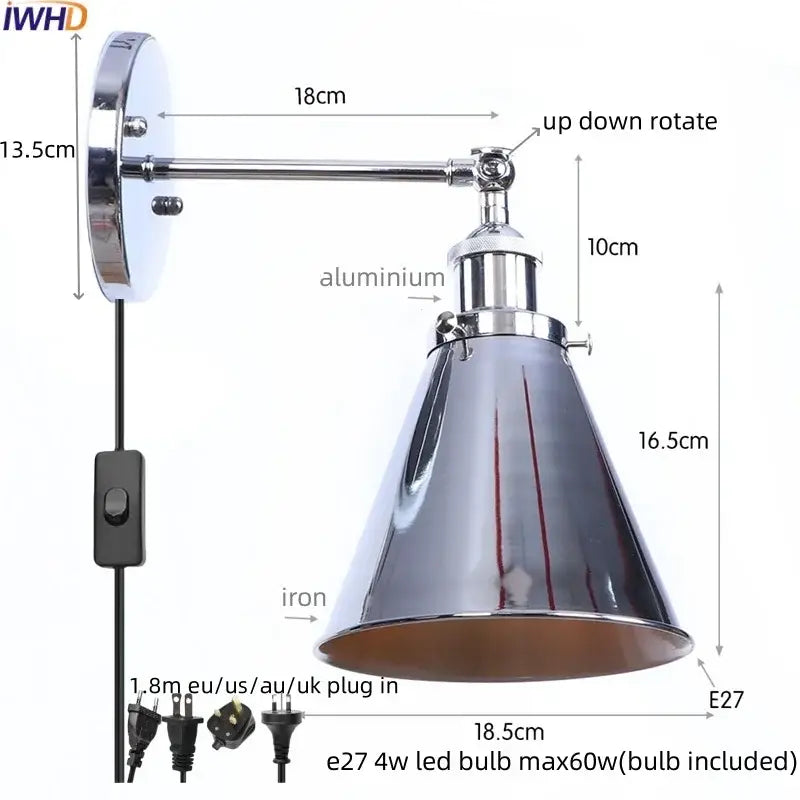 Vintage industrial brass iron led wall lamp bedroom reading light