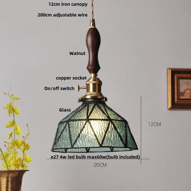 Vintage teal blue glass led pendant light kitchen brass hanging lamp