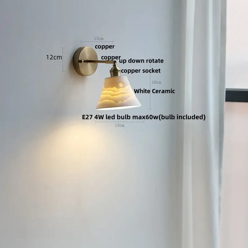 Vintage white ceramic and copper canopy led wall sconce bedroom light