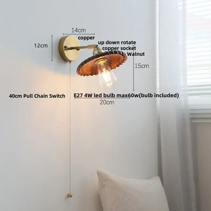 Walnut and brass wall sconce with pull chain switch bedroom light