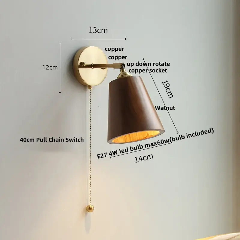 Walnut and brass wall sconce with pull chain switch bedroom light