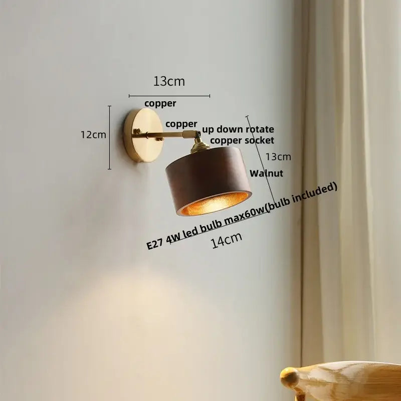 Walnut and brass wall sconce with pull chain switch bedroom light