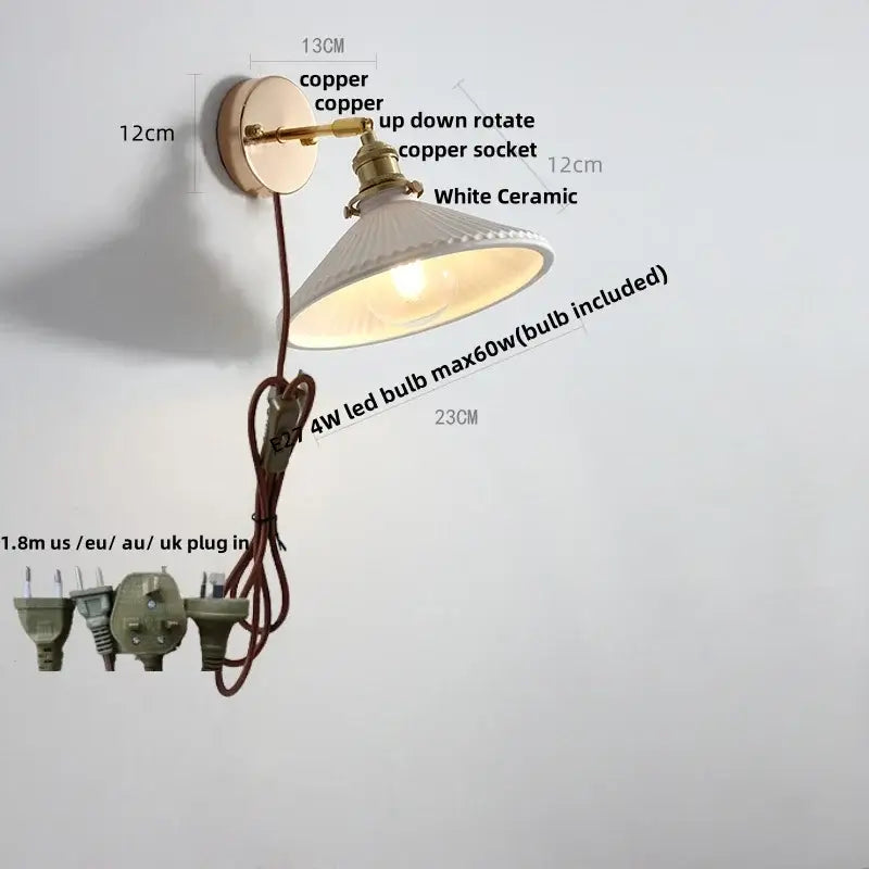 White ribbed ceramic led wall sconce bedroom pull chain light