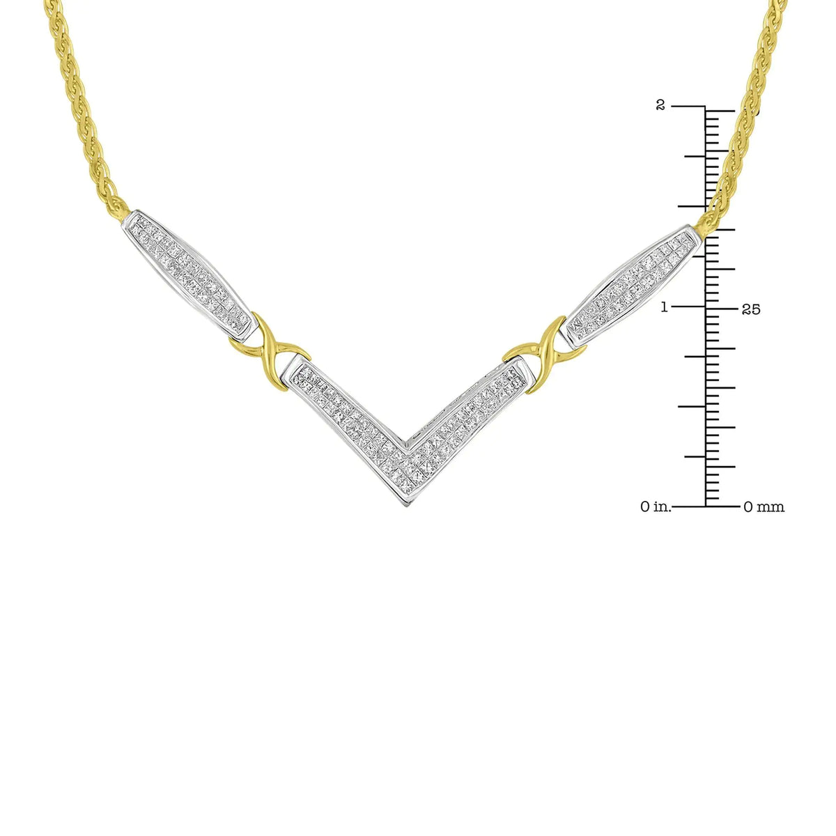 14K Yellow and White Gold 2.0 Cttw Princess Cut Diamond Flared and X-Station V Shaped 18” Franco Chain Statement Necklace (H-I Color, SI2-I1 Clarity)