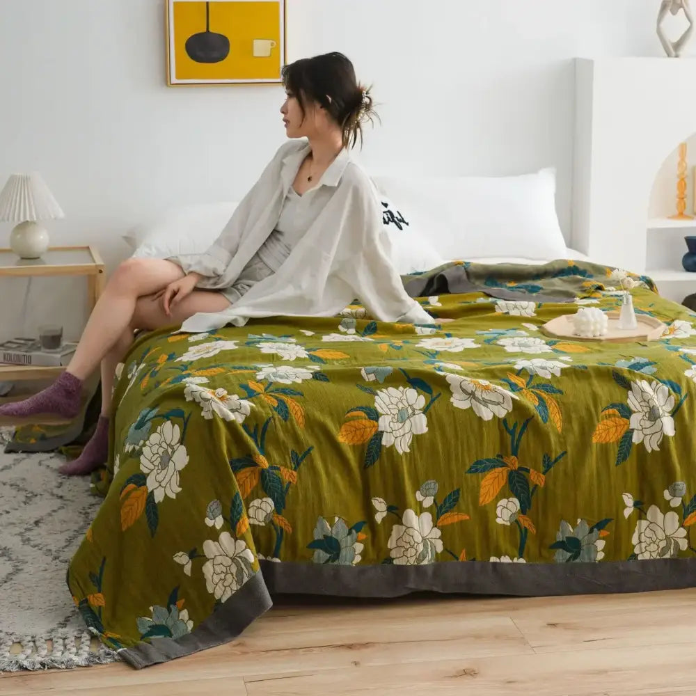 Yellow navy & white cotton gauze soft throw blanket bedroom