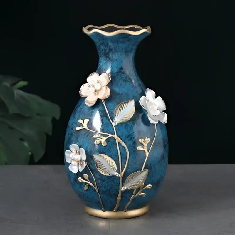Teal Floral Ceramic Vase