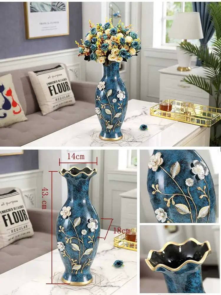 Teal Floral Ceramic Vase