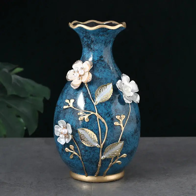 Teal Floral Ceramic Vase