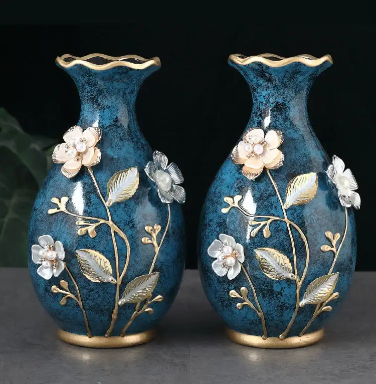 Teal Floral Ceramic Vase