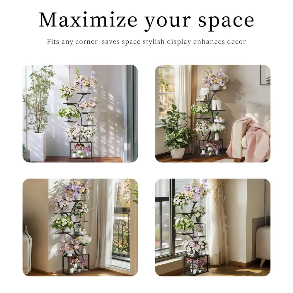 Seven-Tier Black Metal Plant Stand for Corners