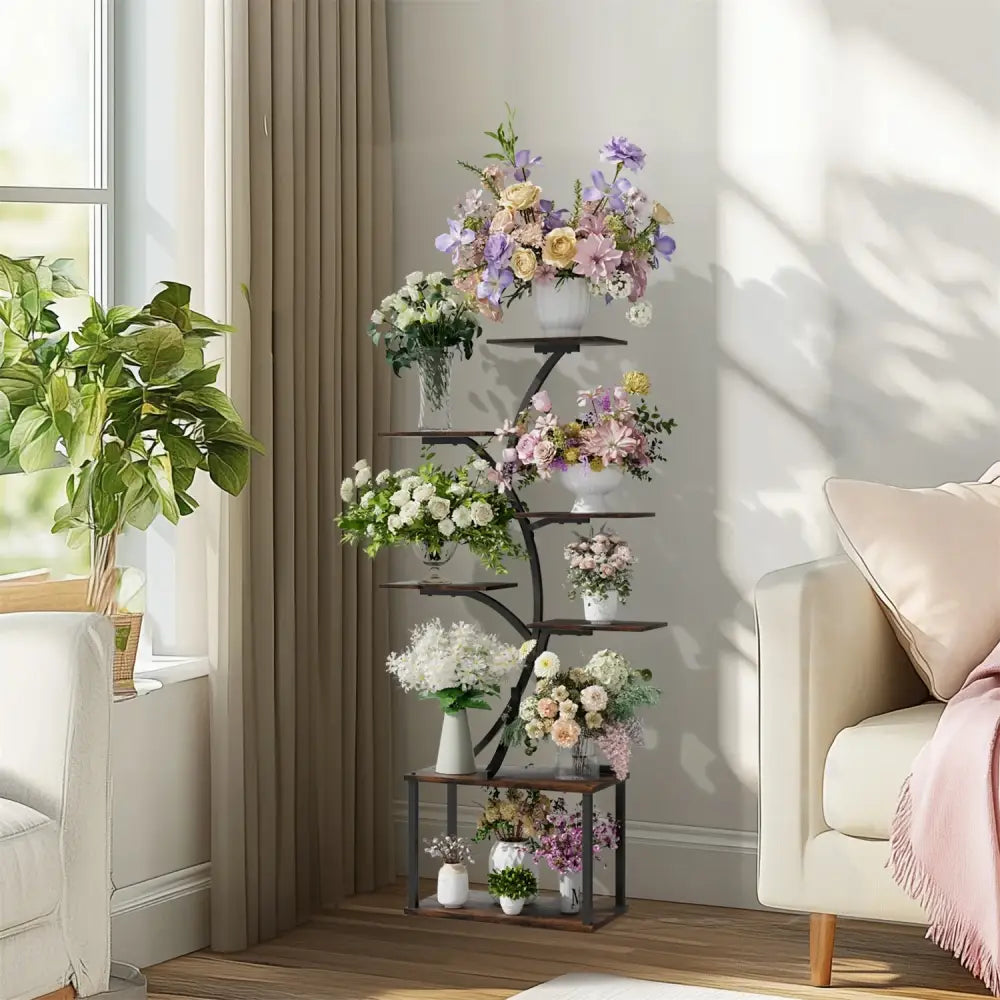 Seven-Tier Black Metal Plant Stand for Corners