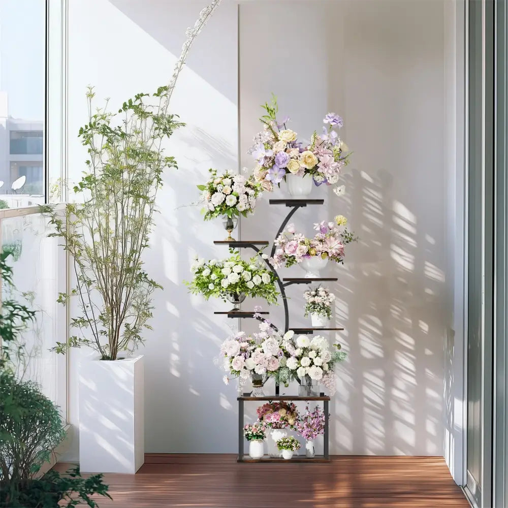 Seven-Tier Black Metal Plant Stand for Corners