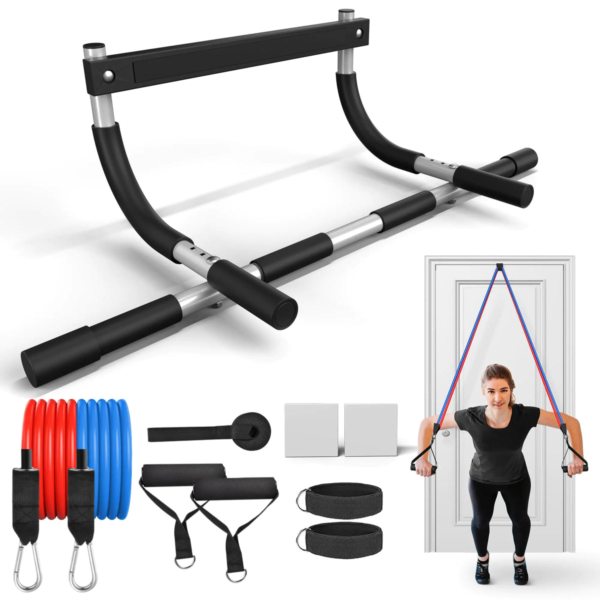 ONETWOFIT Pull Up Bar for Doorway Adjustable Door Frame Chin Up Bar Portable Pull-Up Bar for Home Gym Strength Training Upper Body Fitness Workout Exercise Bar with Resistance Bands Set