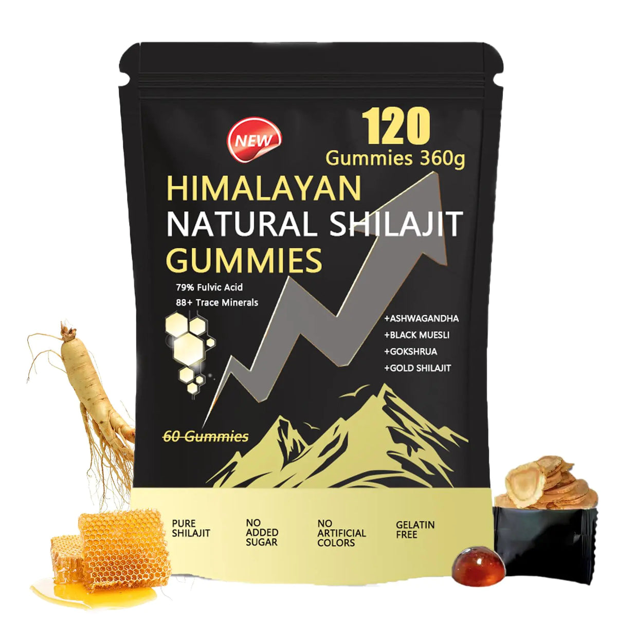 Shilajit Gummies 120 Gummies - Pure Himalayan Shilajit Gummies for Men Ashwagandha KSM-66 Gokshura Organic Honey & Ginseng | 79%+ Fulvic Acid & 88+ Trace Minerals Non-GMO & Sugar Free