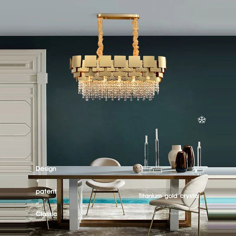 Gold Crystal Pendant Light Polished Steel Foyer