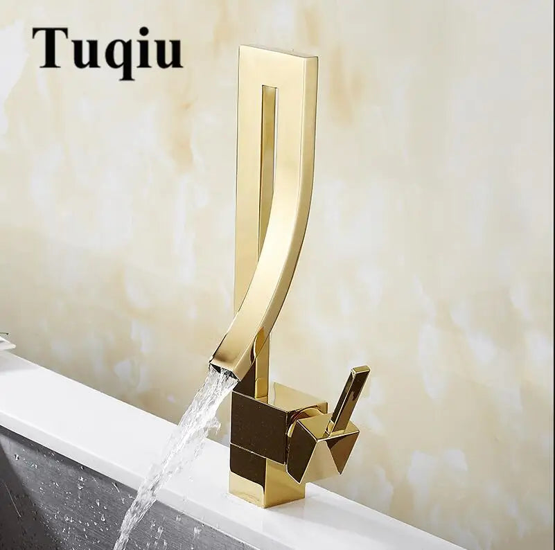 Gold Square Basin Faucet Deck-Mounted Single-Handle