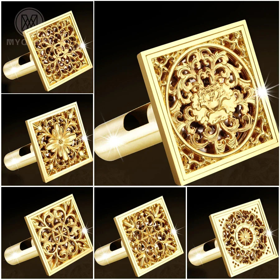 Gold Square Shower Drain Stainless Steel Gravity Flush