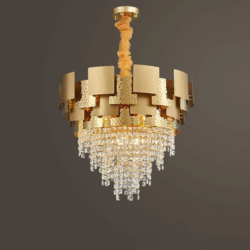 Gold Crystal Pendant Light Polished Steel Foyer