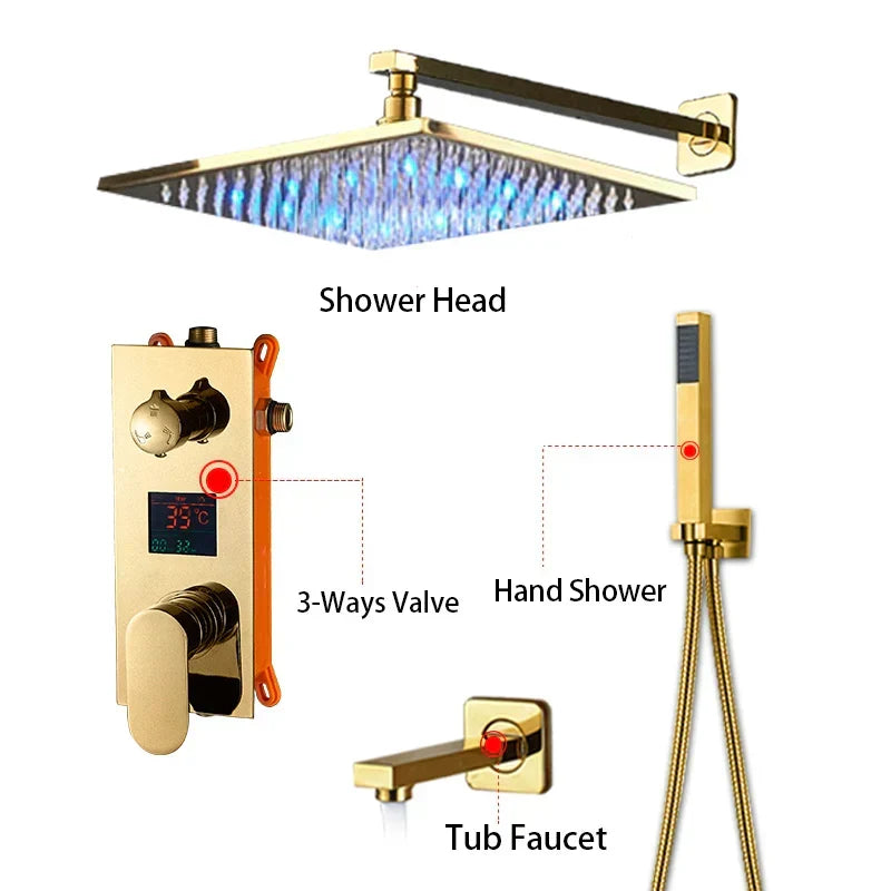 Gold Rainfall Shower Faucet With Digital Display