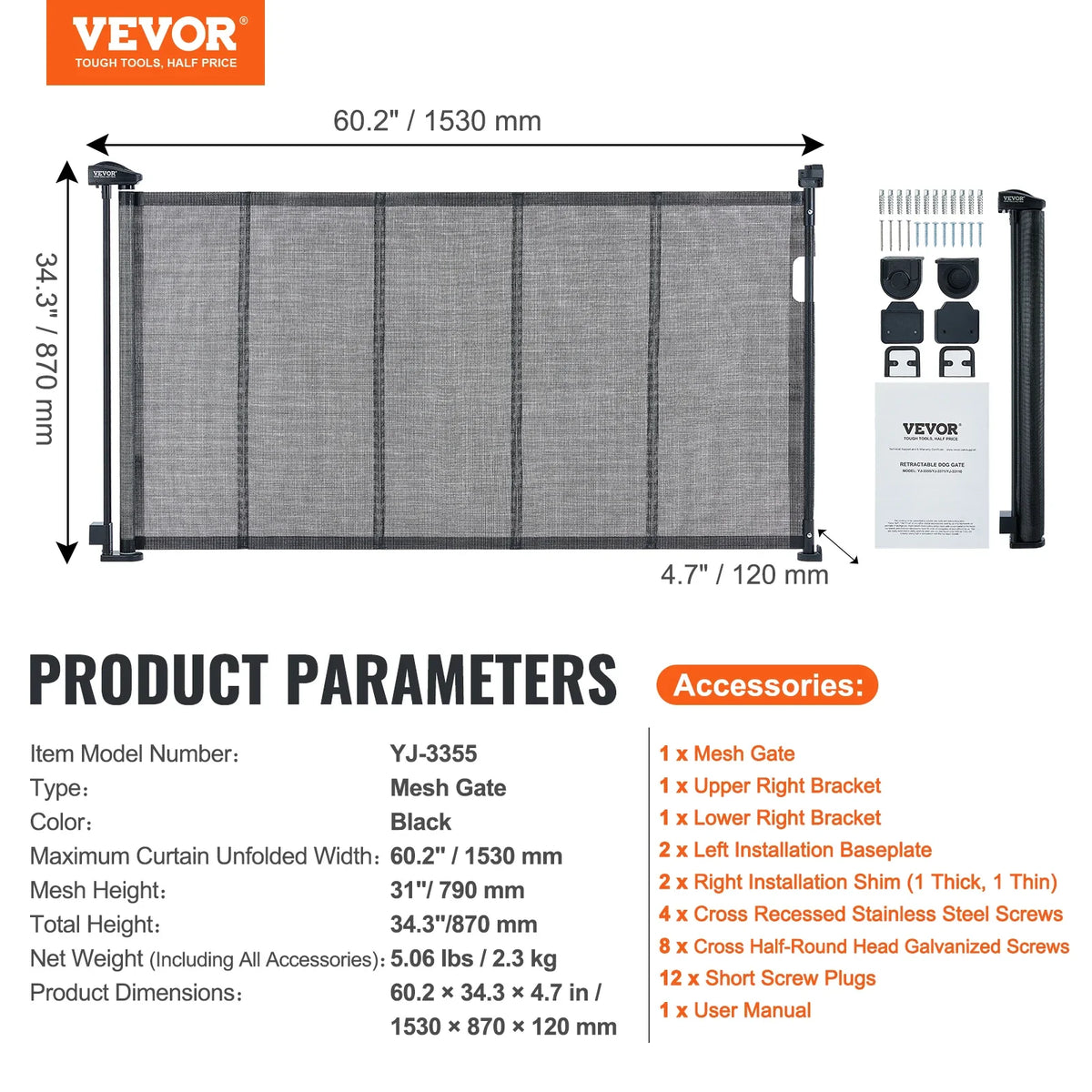 VEVOR Retractable Baby Gate Tall Mesh Baby Gate Extends up to  Wide Retractable Gate for Kids or Pets Retractable Dog Gates