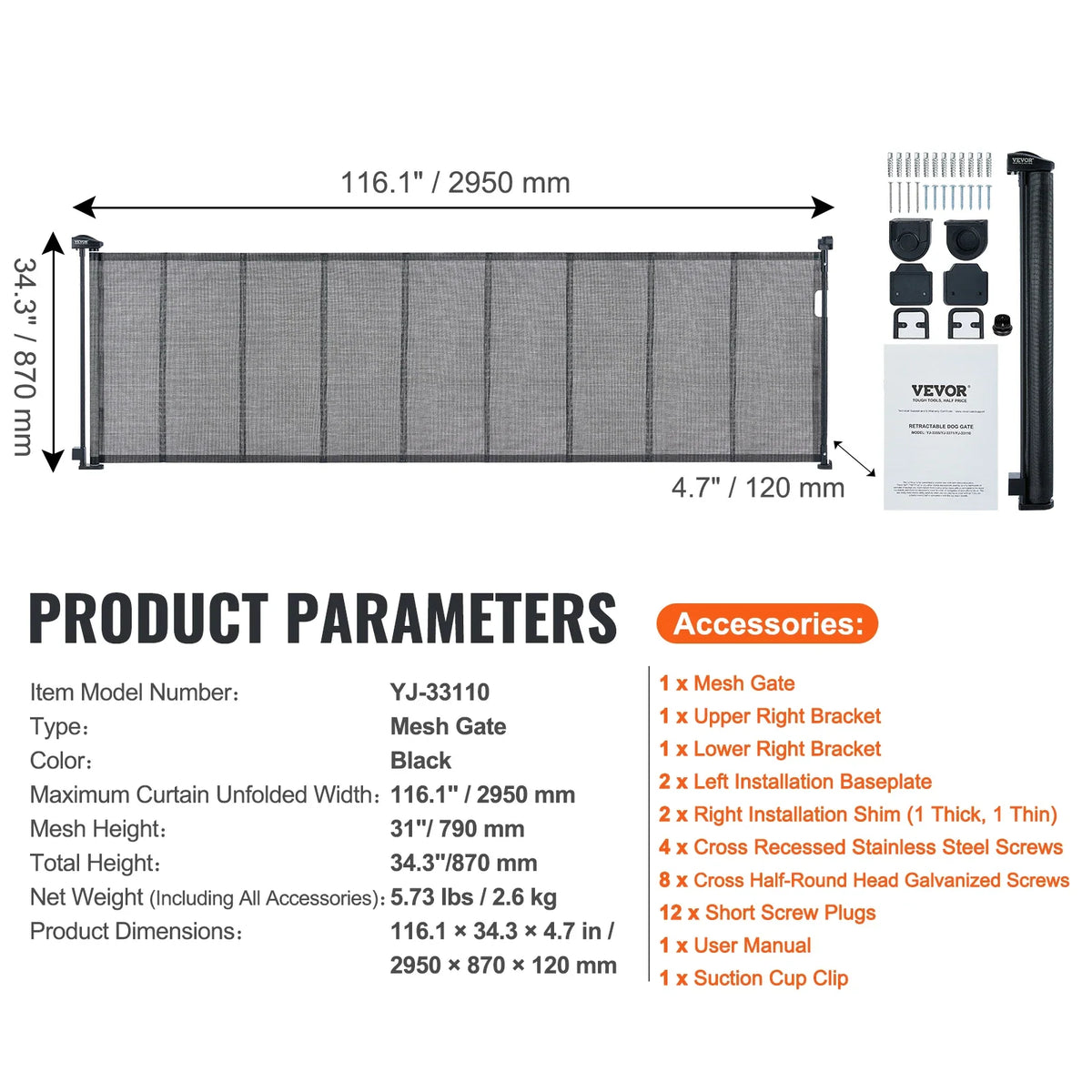 VEVOR Retractable Baby Gate Tall Mesh Baby Gate Extends up to  Wide Retractable Gate for Kids or Pets Retractable Dog Gates