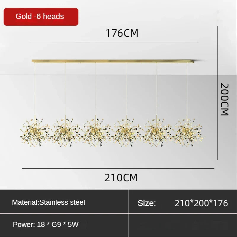 Sequin Leaf Ceiling Chandelier Gold 6-Head Long