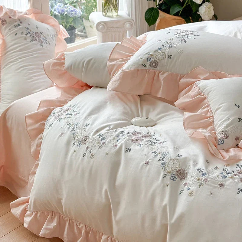 Embroidered Cotton Bedding Set Lace Ruffle King