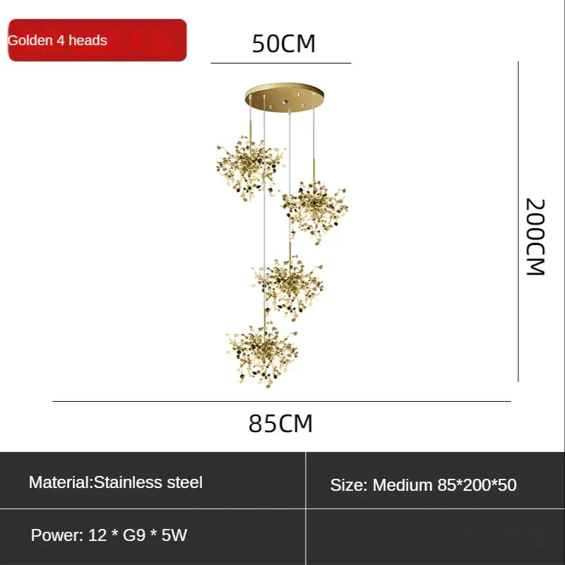Sequin Leaf Ceiling Chandelier Gold 6-Head Long
