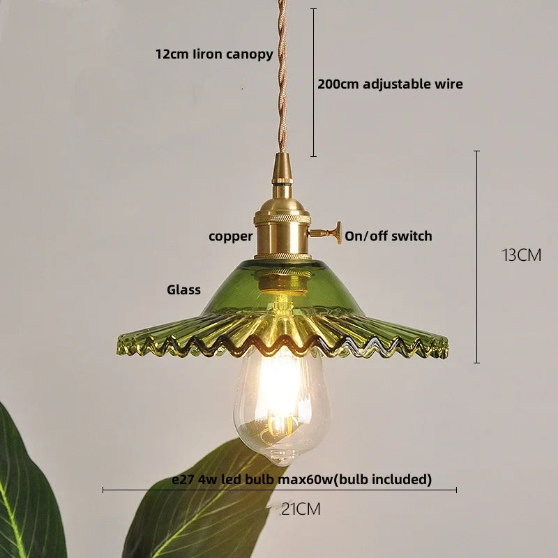 Green Glass Pendant Light 3-Head Adjustable Wire