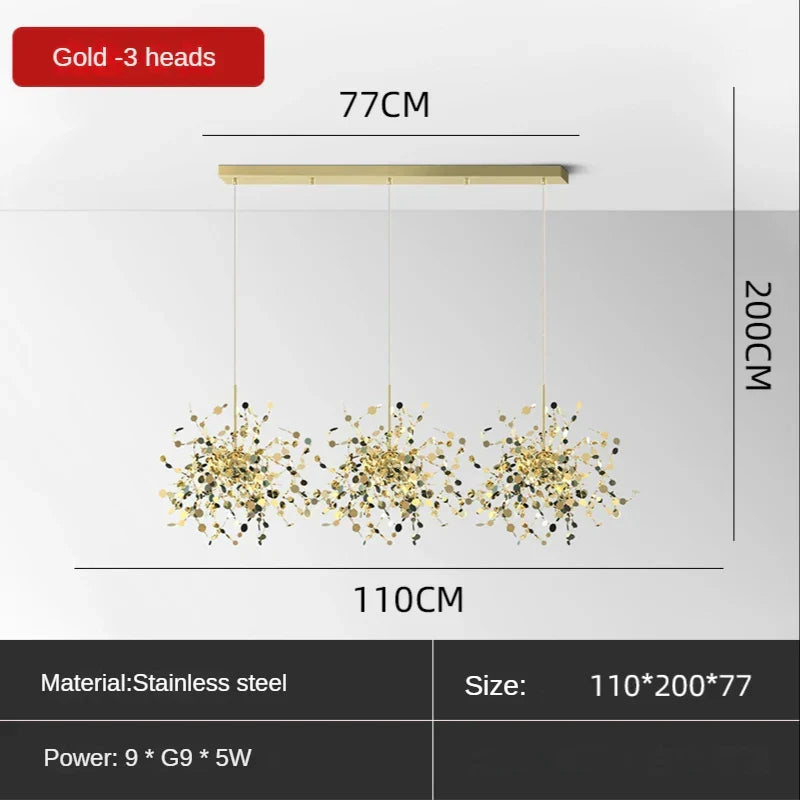 Sequin Leaf Ceiling Chandelier Gold 6-Head Long