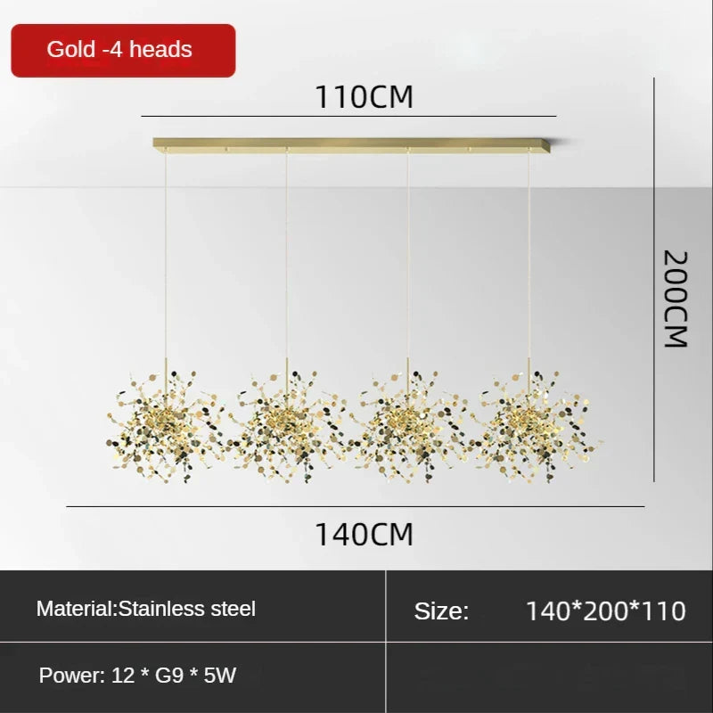 Sequin Leaf Ceiling Chandelier Gold 6-Head Long