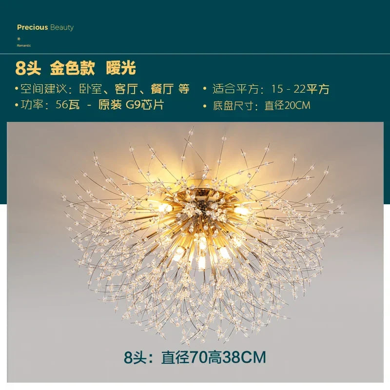 Gold Dandelion Crystal Chandelier 8-Head Nordic